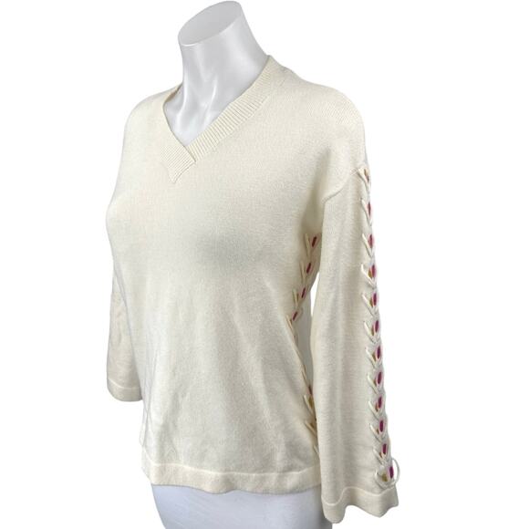 Charlie B Women's Cream White Knit Lace Up Long Sleeve V-Neck Sweater Top XS - Picture 1 of 6